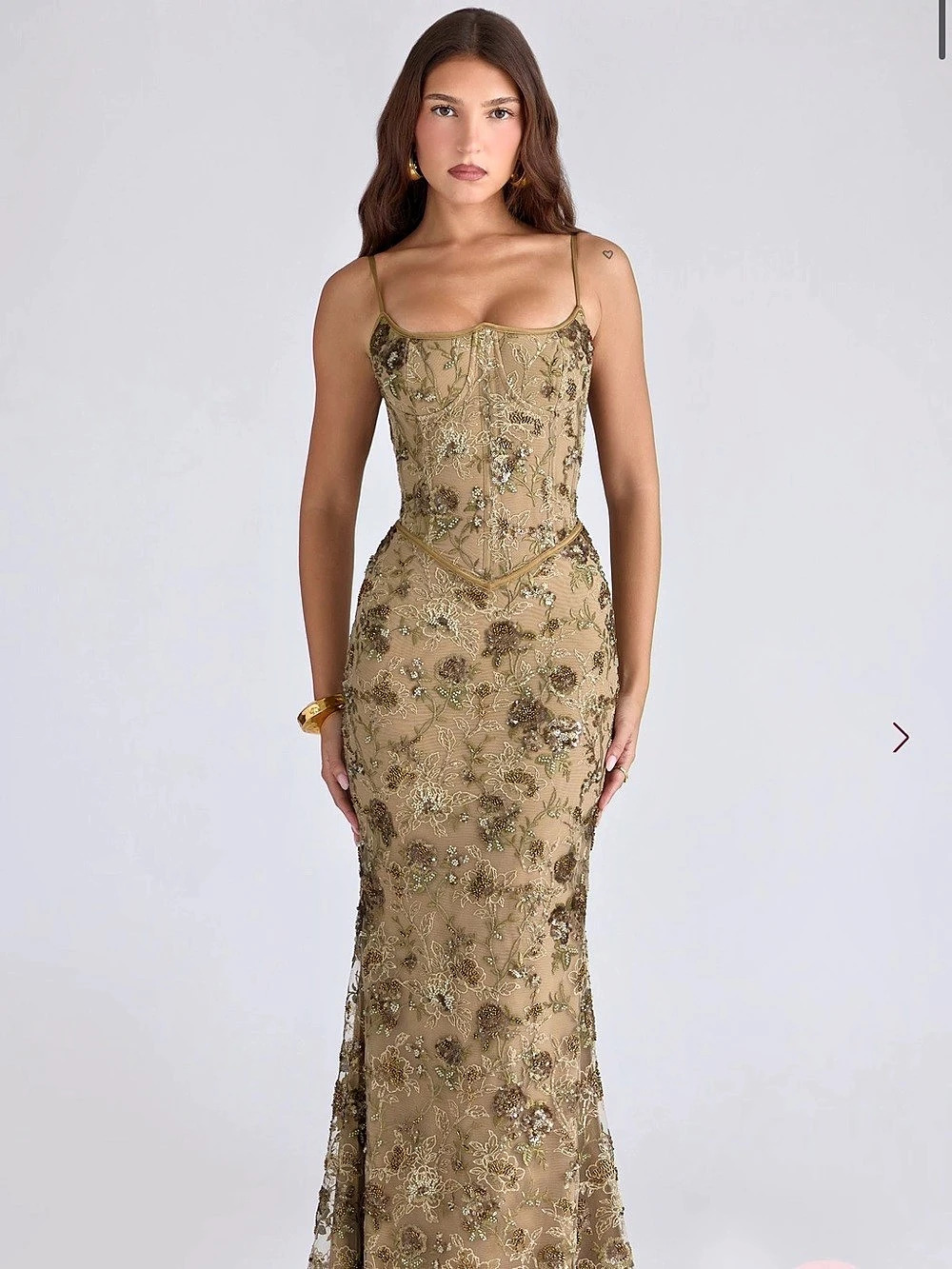 House of CB Naima Olive Bronze Hand Beaded Embellished Corset Maxi Dress - Limit